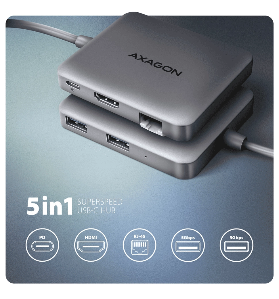 Хаб концентратор AXAGON HMC-5HL USB-C 5Гбіт/с SuperSpeed 5in1 hub, Сірий