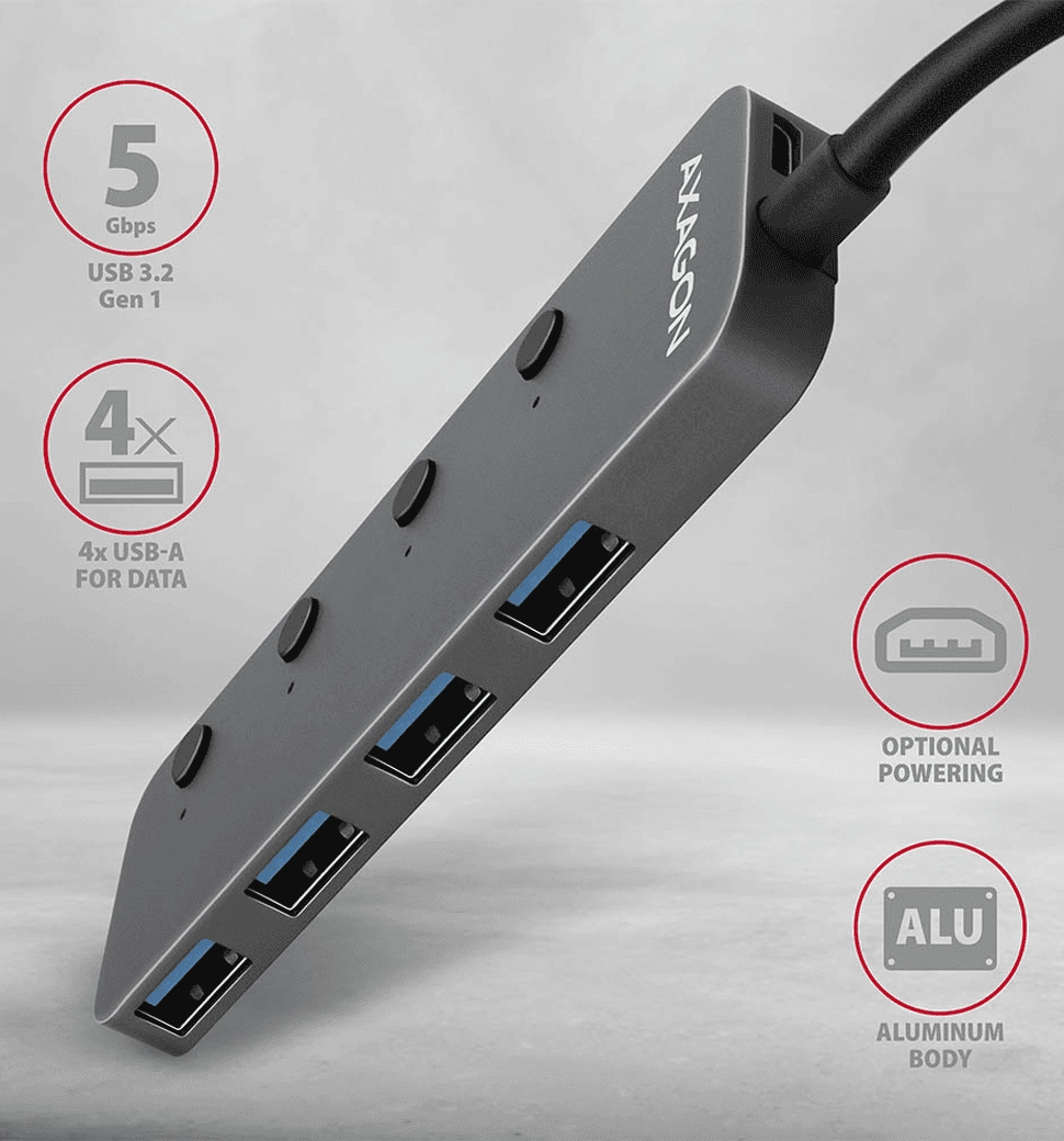 Хаб AXAGON HUE-MSA SuperSpeed USB-A SWITCH hub w. функція зарядки, USB-A кабель 20см, Сірий