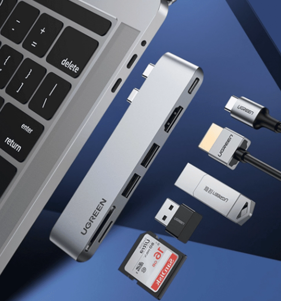 Хаб UGREEN CM380 Dual USB-C To HDMI+2xUSB 3.0 A+TF/SD+USB-C Female Converter Space Gray (80856)
