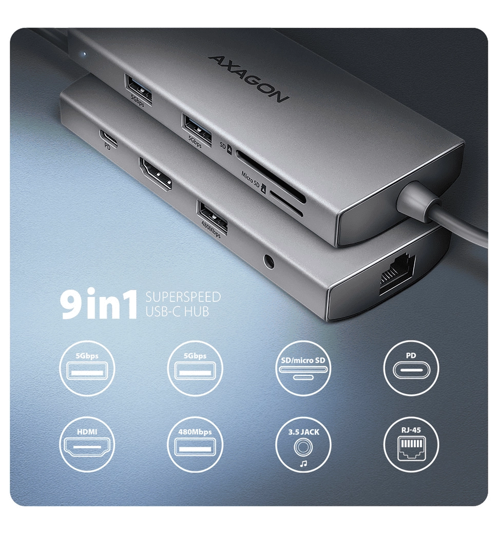 Хаб концентратор AXAGON HMC-8HLSA USB-C 5Гбіт/с 9in1 hub, Сірий