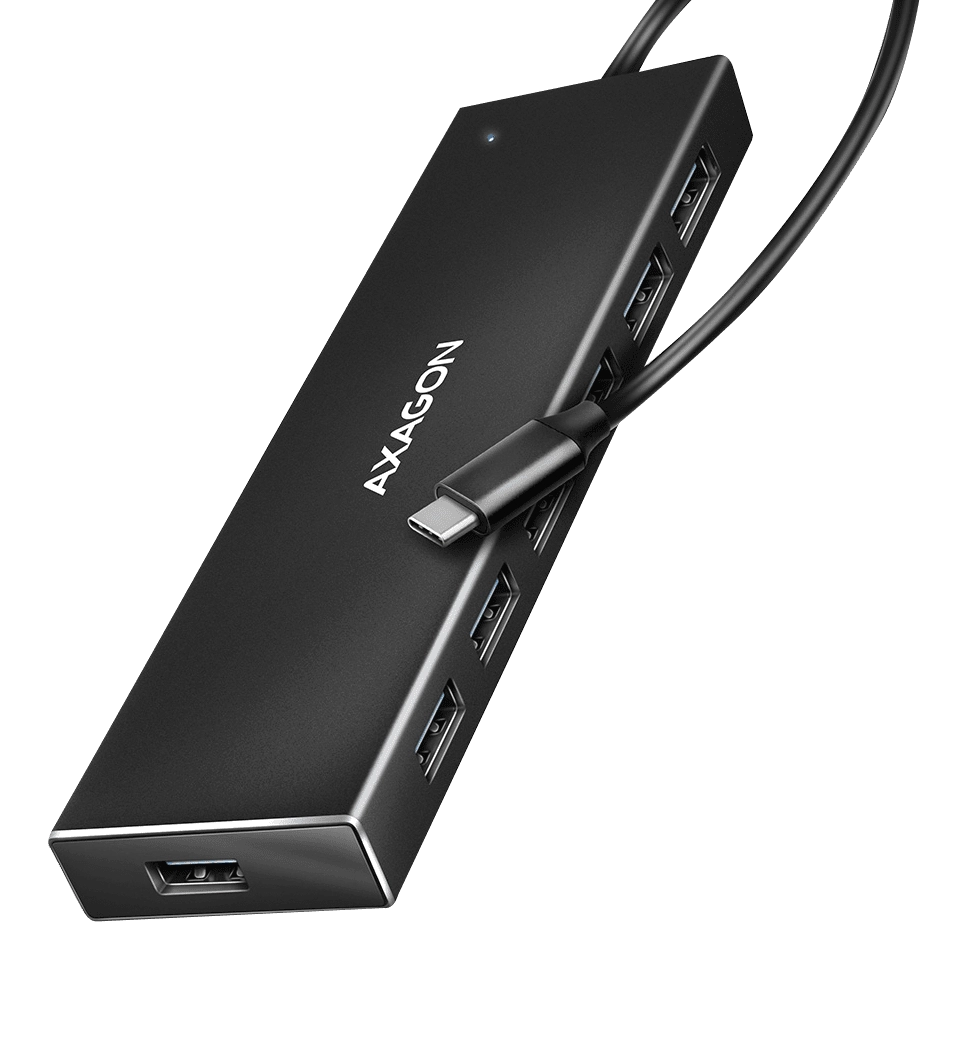 Хаб AXAGON HUE-F7C SuperSpeed USB-C FLAT CHARGING hub, кабель 30см USB-C, Чорний