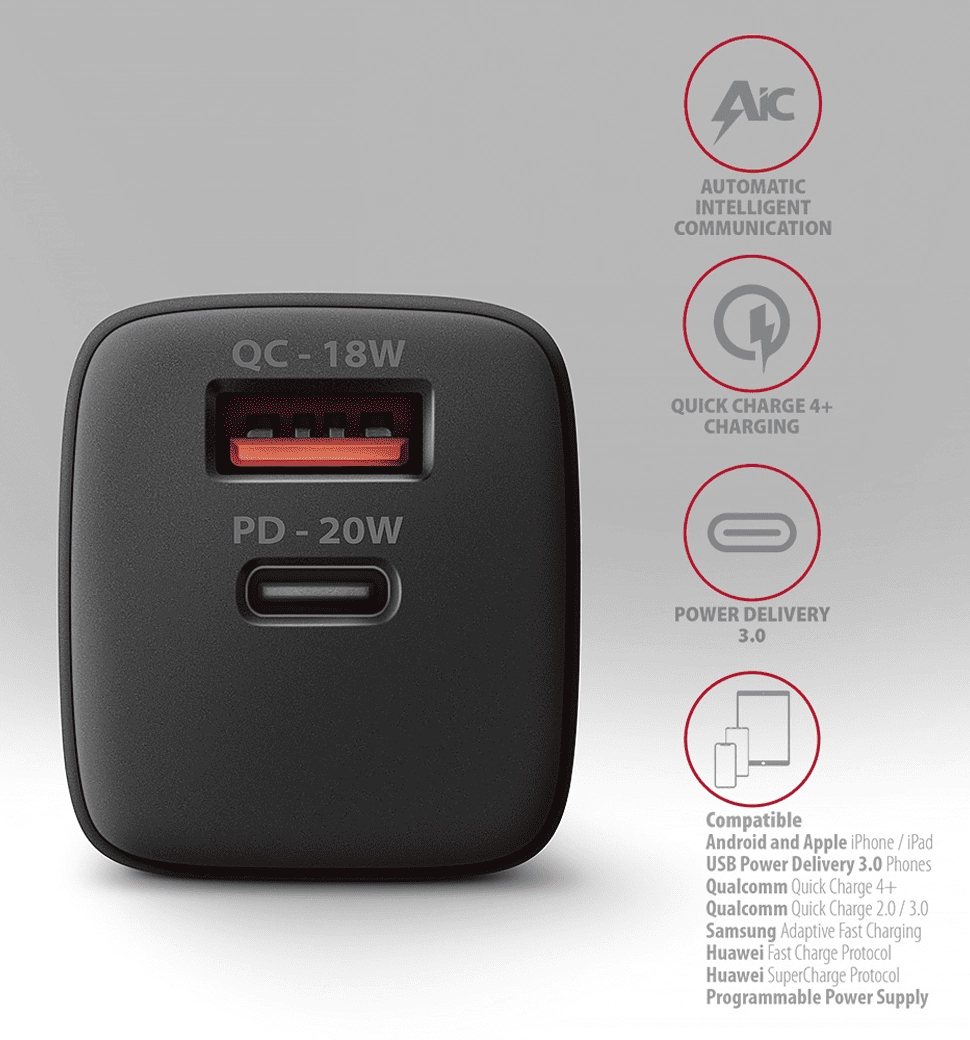 Мережевий зарядний пристрій AXAGON ACU-PQ20, QC3.0/AFC/FCP + PD type-C, 20W, Чорний