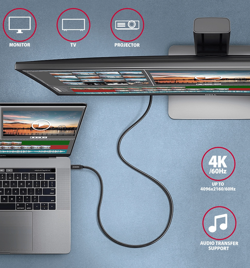 Кабель AXAGON BUCM32-CM10AB USB-C-USB-C 3.2 Gen 2, 1m, PD 100W, 5A, 4K HD,Чорний