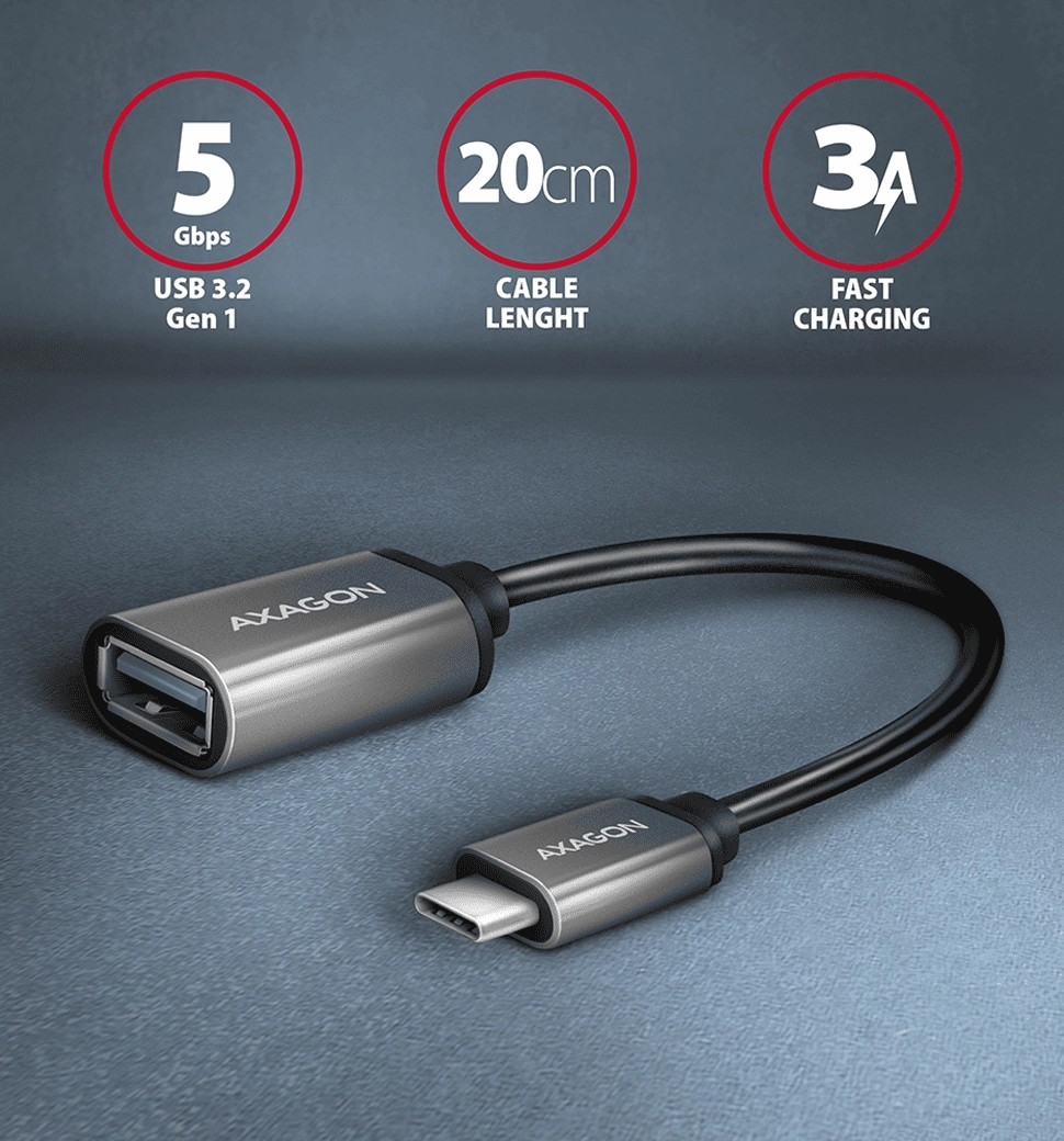 Адаптер AXAGON RUCM-AFAC USB-C-USB-A кабель 20см, Сірий