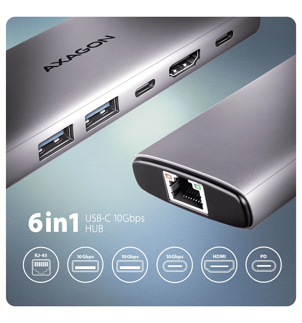 Хаб концентратор AXAGON HMC-6G2L USB-C 10Гбіт/с 6in1 hub, Сірий