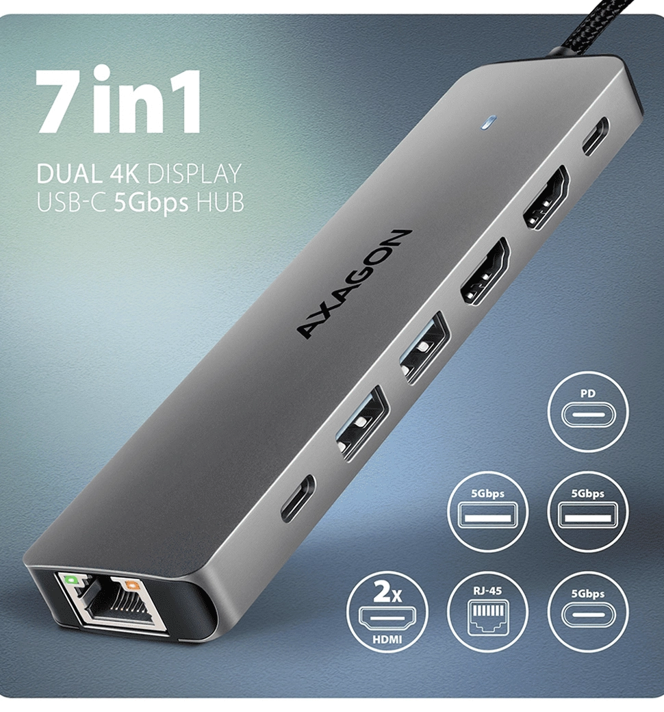 Хаб концентратор AXAGON HMC-7HX2 USB-C 5Гбіт/с DUAL 4K DISPLAY 7in1 hub, Сірий