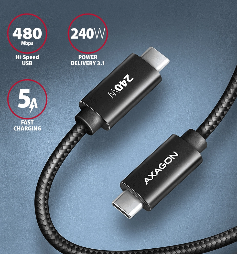 Кабель AXAGON BUCM2-CM25AB USB-C-USB-C 2.0, 2.5м, PD 240W 5A, Чорний