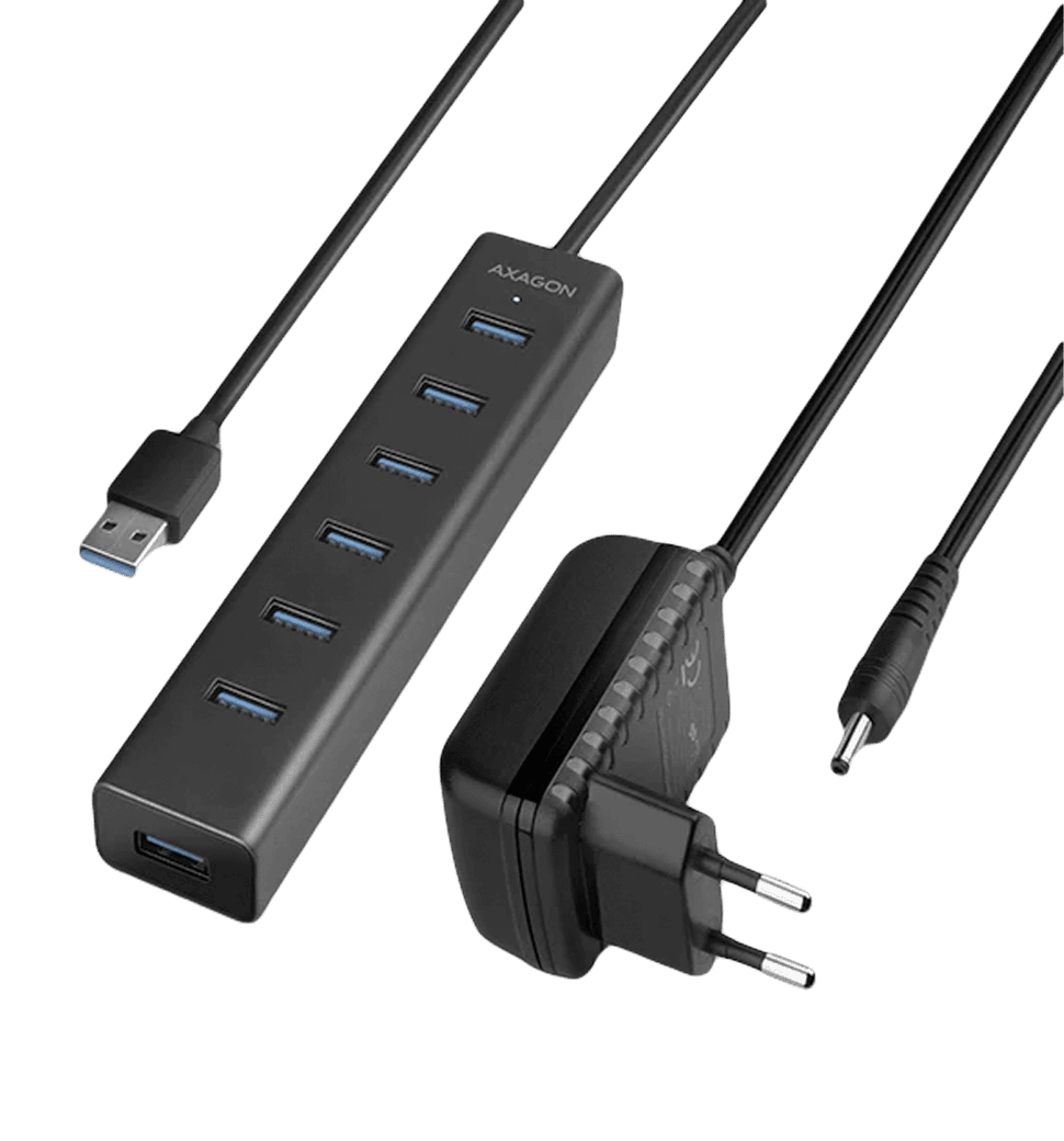 Хаб AXAGON HUE-SA7BP USB3.0 CHARGING hub, USB-A кабель 40см, Чорний