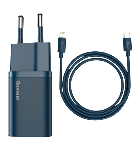 Адаптер Baseus Super Si Quick Charger Type-C 20W with Type-C to Lightning Cable Blue (TZCCSUP-B03) — фото 1
