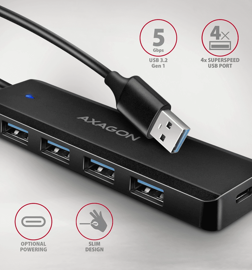 Хаб AXAGON HUE-C1A USB-A 5Гбіт/с TRAVEL hub, 20см Type-A, Чорний