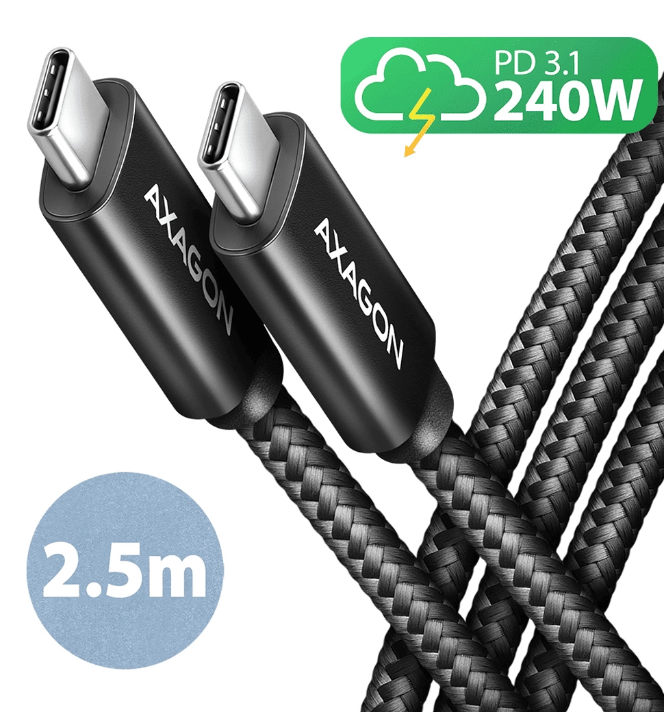 Кабель AXAGON BUCM2-CM25AB USB-C-USB-C 2.0, 2.5м, PD 240W 5A, Чорний