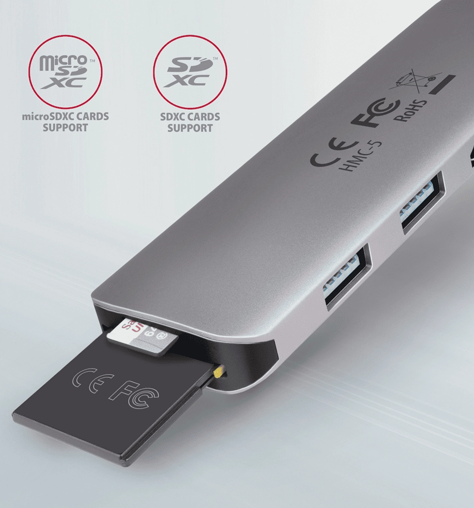 Хаб концентратор AXAGON HMC-5 SuperSpeed USB-C COMBO 5in1 hub, Сірий