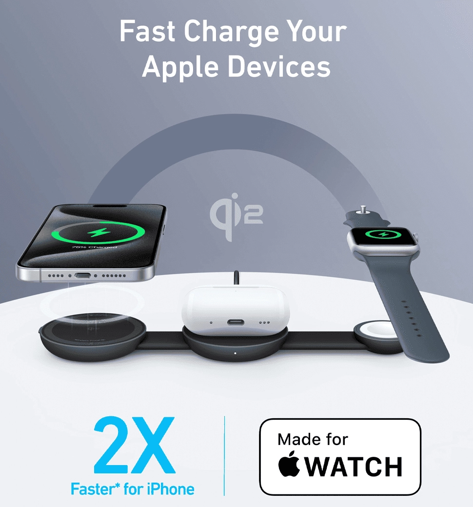 Бездротова зарядна станція ANKER MagGo Wireless Charging Pad 15W 3-in-1 Foldable (Чорний)