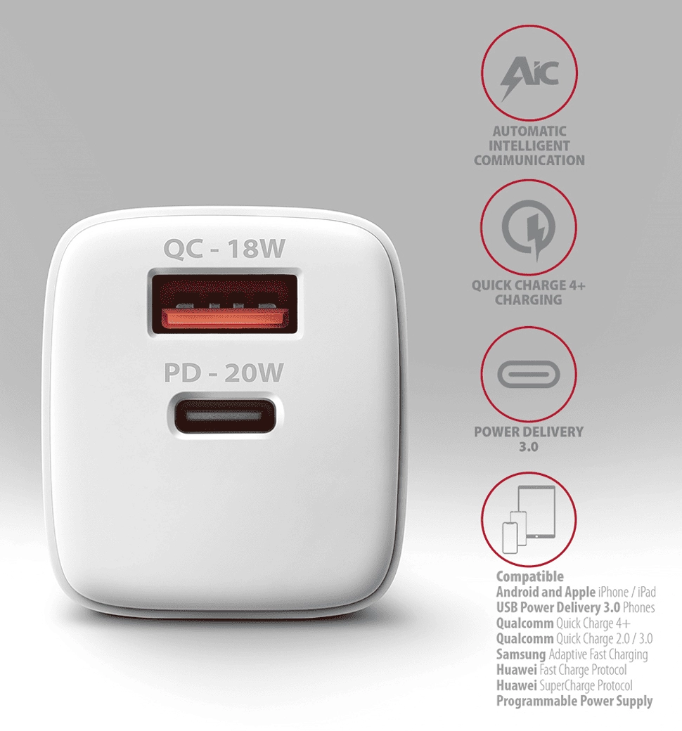 Мережевий зарядний пристрій AXAGON ACU-PQ20W, QC3.0/AFC/FCP + PD type-C, 20W, Білий