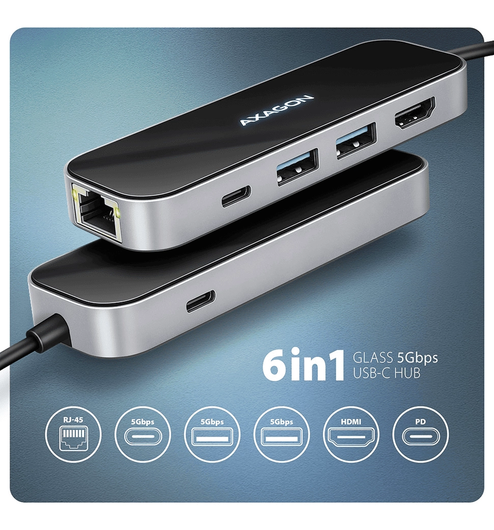 Хаб концентратор AXAGON HMC-6GLN USB-C 5Гбіт/с GLASS 6in1 hub, Чорний/Сірий