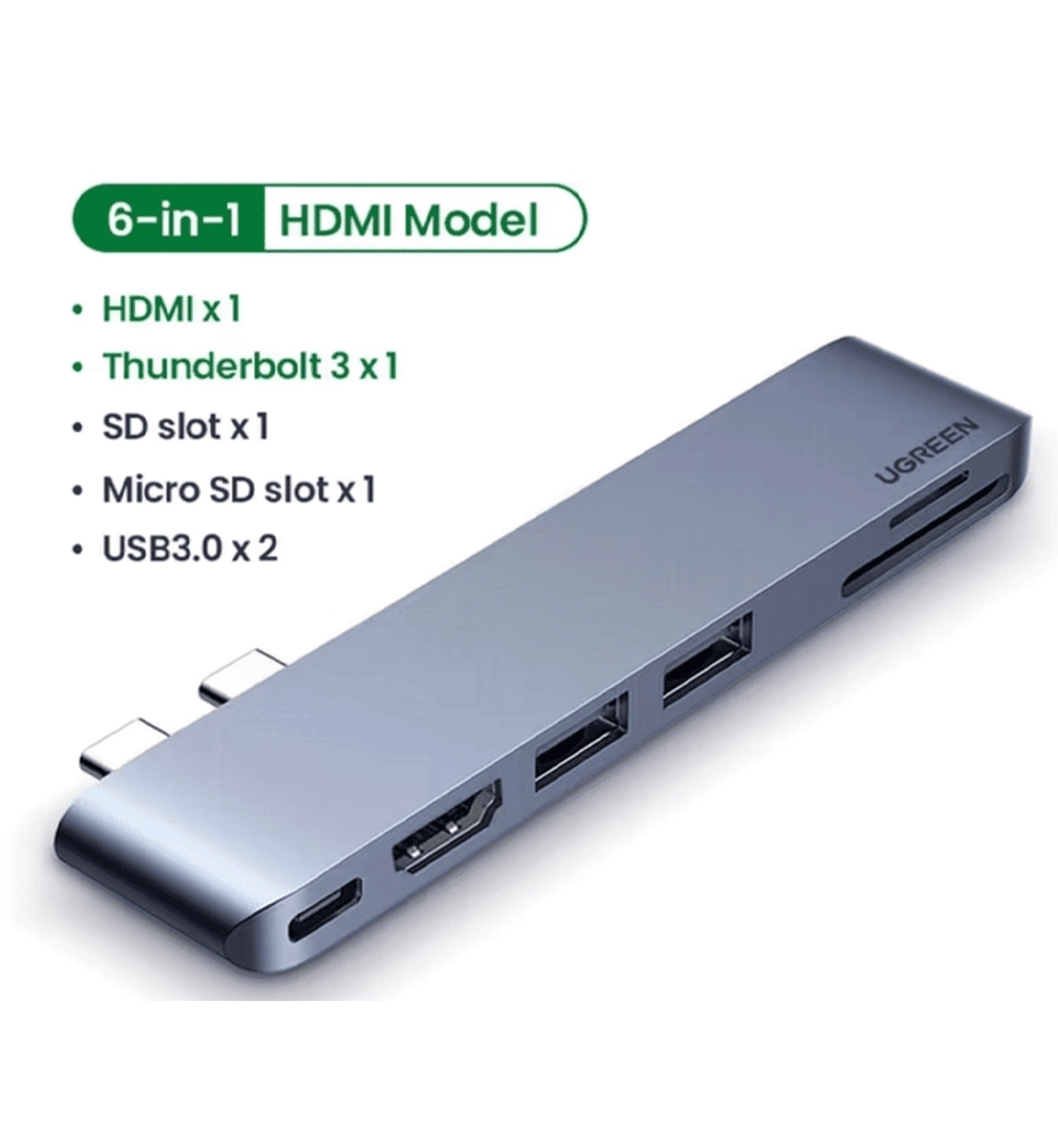 Хаб UGREEN CM380 Dual USB-C To HDMI+2xUSB 3.0 A+TF/SD+USB-C Female Converter Space Gray (80856)