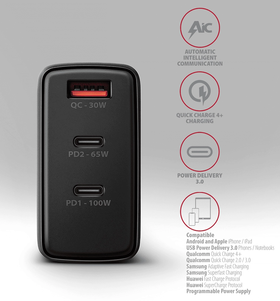 Мережевий зарядний пристрій AXAGON ACU-DPQ100, 3x port (USB + dual USB-C), PD3.0/QC4+/PPS/Apple, 100