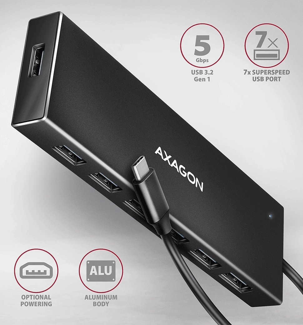 Хаб AXAGON HUE-F7C SuperSpeed USB-C FLAT CHARGING hub, кабель 30см USB-C, Чорний
