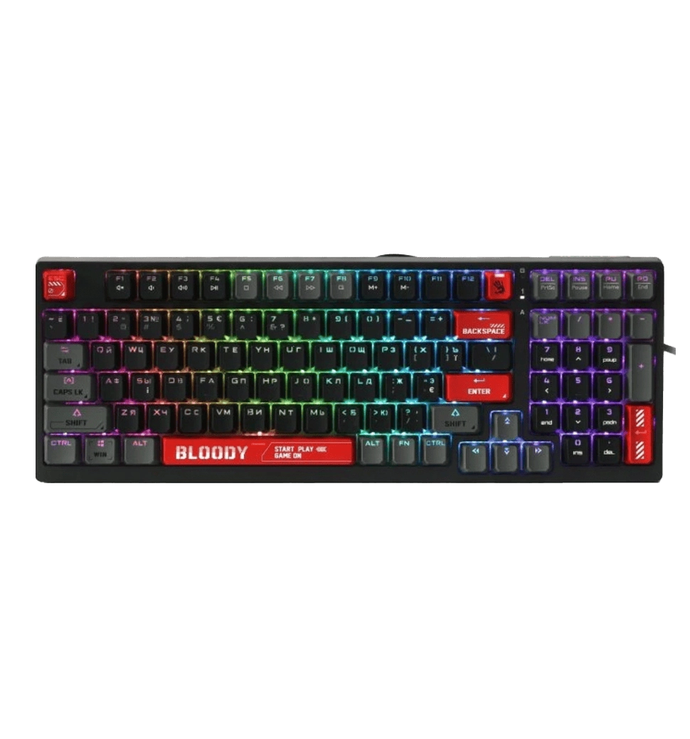 Механічна клавіатура A4Tech Bloody S98, червоні світчі, RGB підсвічування клавіш, USB, чорно-червони