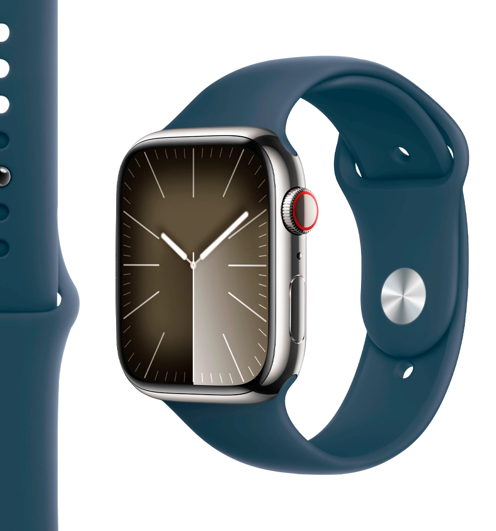 Apple Watch Series 9 45mm GPS + Cellular Silver Stainless Steel Case with Storm Blue Sport Band - M/L (MRMP3)