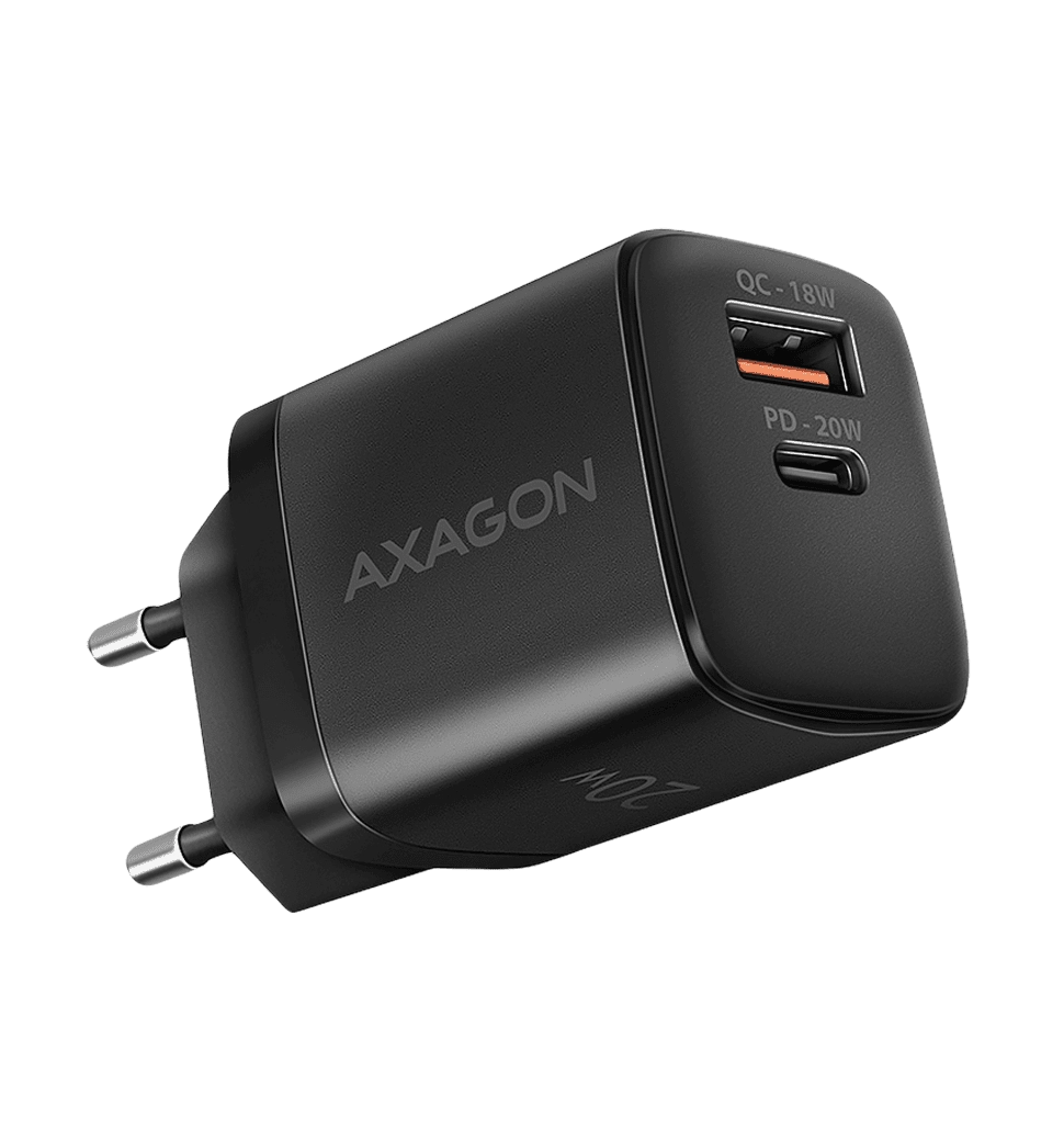 Мережевий зарядний пристрій AXAGON ACU-PQ20, QC3.0/AFC/FCP + PD type-C, 20W, Чорний