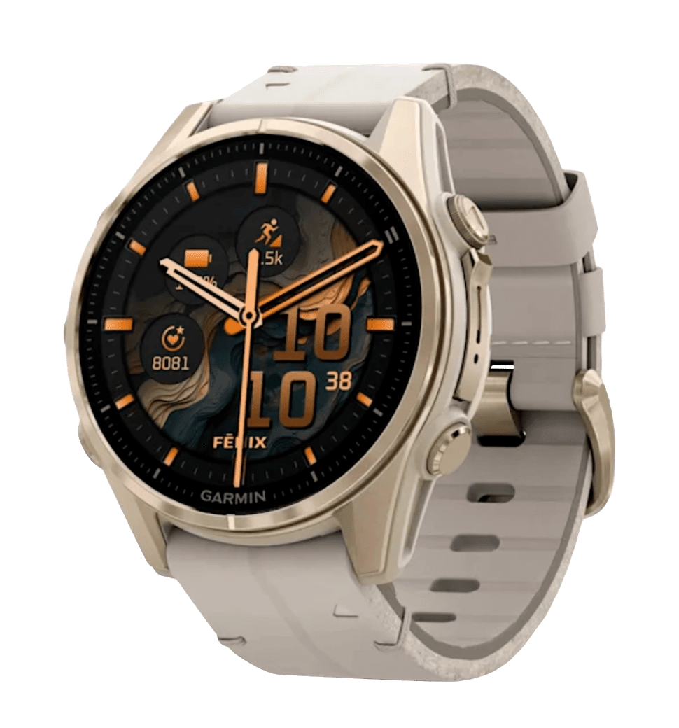 Garmin Fenix 8 43mm, AMOLED, Saph, SftGldSS/FogGryLeatherBnd, Excl, GPS (010-02903-40)