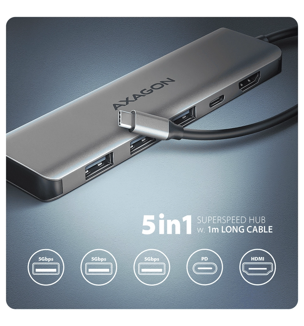 Хаб концентратор AXAGON HMC-5H USB-C 5Гбіт/с 5in1 hub, Сірий