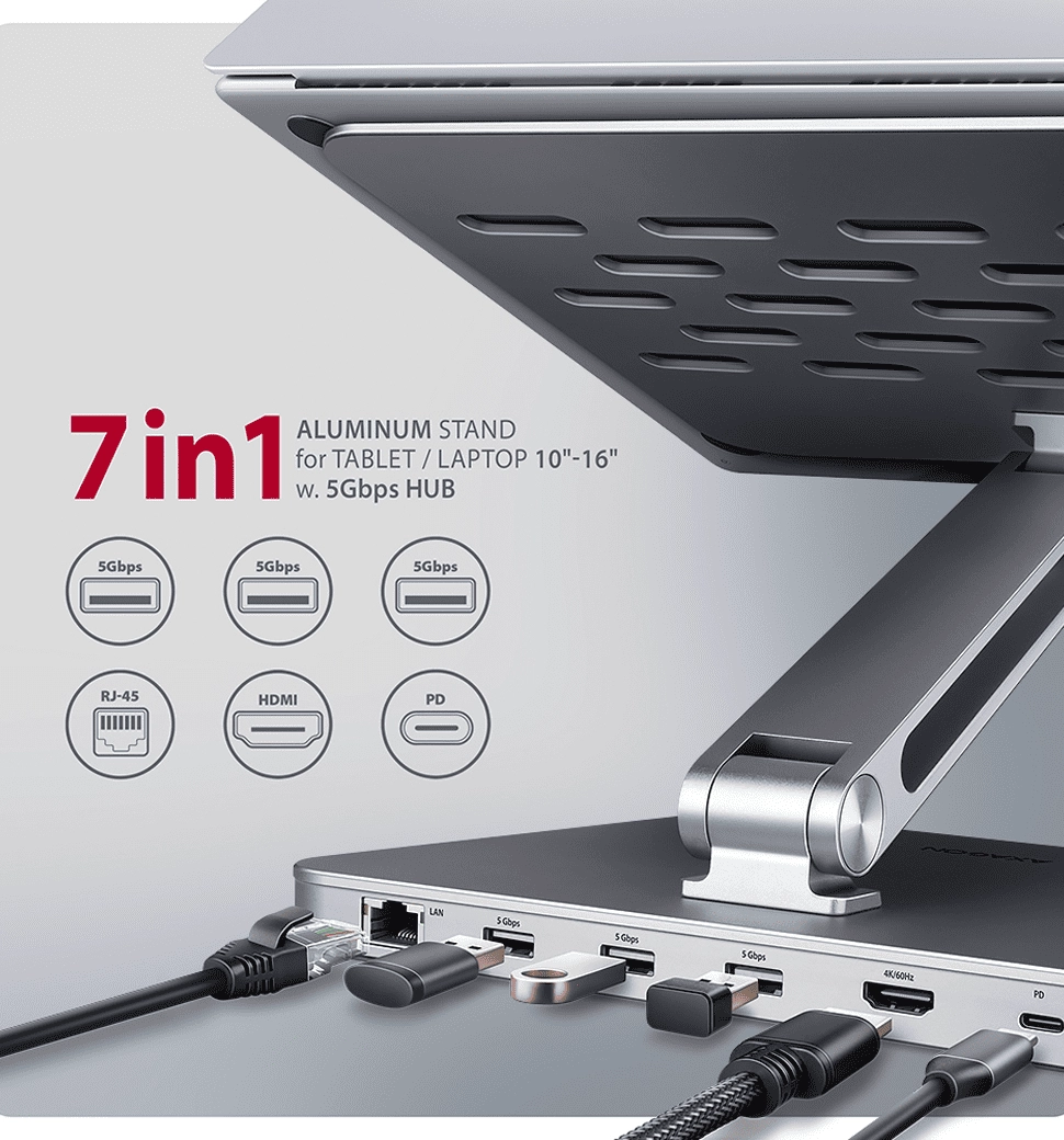 Підставка для ноутбуків AXAGON HMC-STND USB-C 5Гбіт/с алюмінієва підставка - HUB 7in1