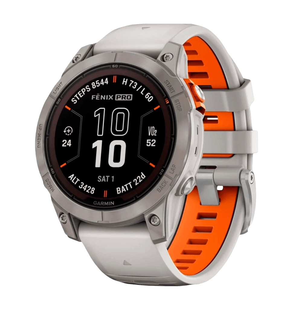 Смарт-часы Garmin Fenix 7 Pro Sapphire Solar Titanium w. Fog Gray/Ember O. Band (010-02777-20/21) UA