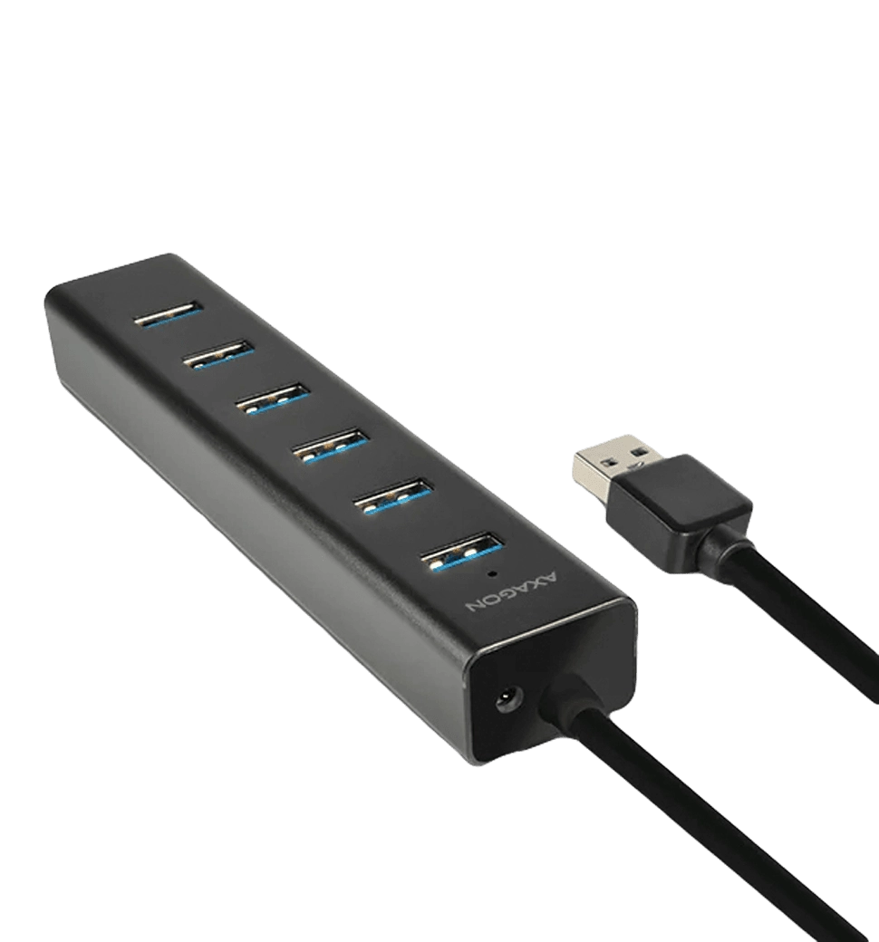 Хаб AXAGON HUE-SA7BP USB3.0 CHARGING hub, USB-A кабель 40см, Чорний