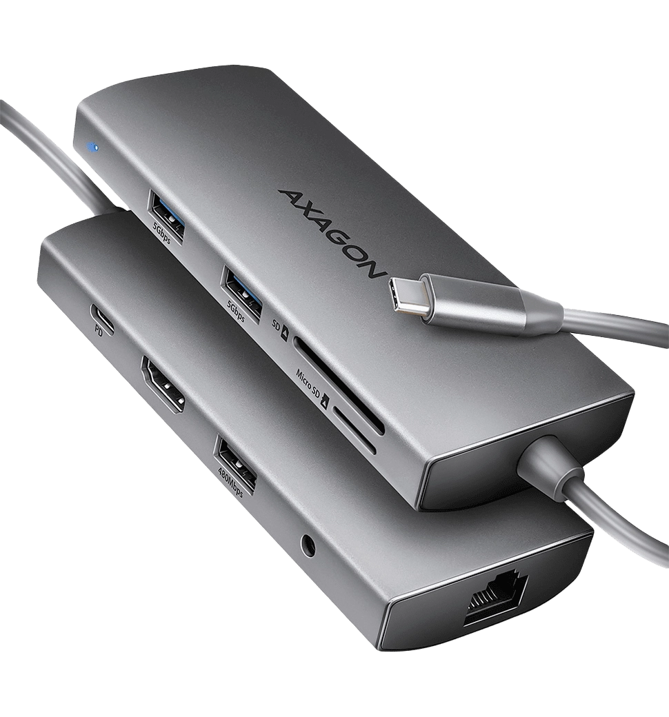 Хаб концентратор AXAGON HMC-8HLSA USB-C 5Гбіт/с 9in1 hub, Сірий