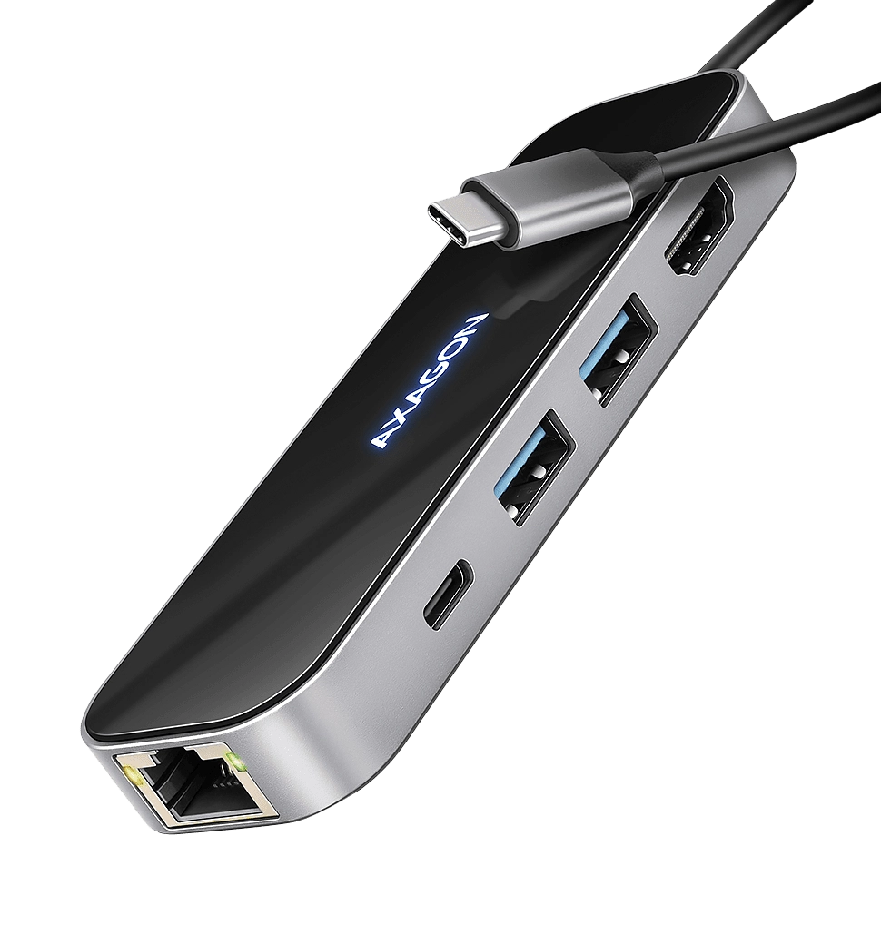 Хаб концентратор AXAGON HMC-6GLN USB-C 5Гбіт/с GLASS 6in1 hub, Чорний/Сірий