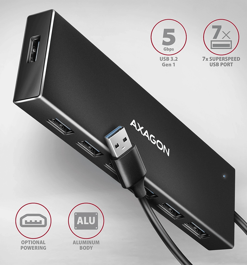 Хаб AXAGON HUE-F7A SuperSpeed USB-A FLAT hub, 1м USB-A , Чорний