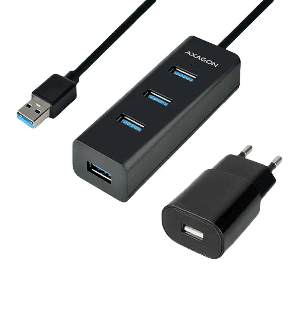 Хаб AXAGON HUE-S2BP USB3.0 CHARGING hub, 1.2м кабель, MicroUSB зарядка, Чорний