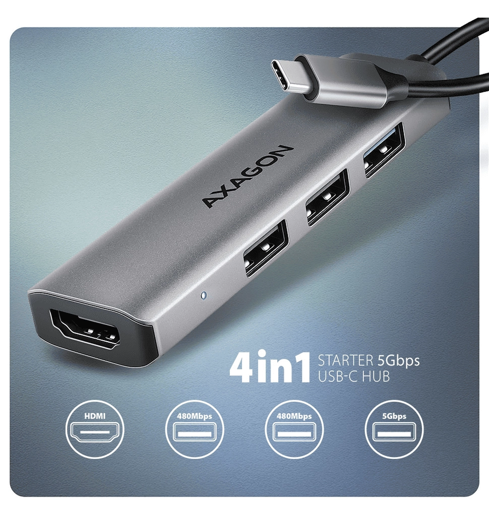 Хаб концентратор AXAGON HMC-H3A USB-C 5Гбіт/с STARTER 4in1 hub, Сірий