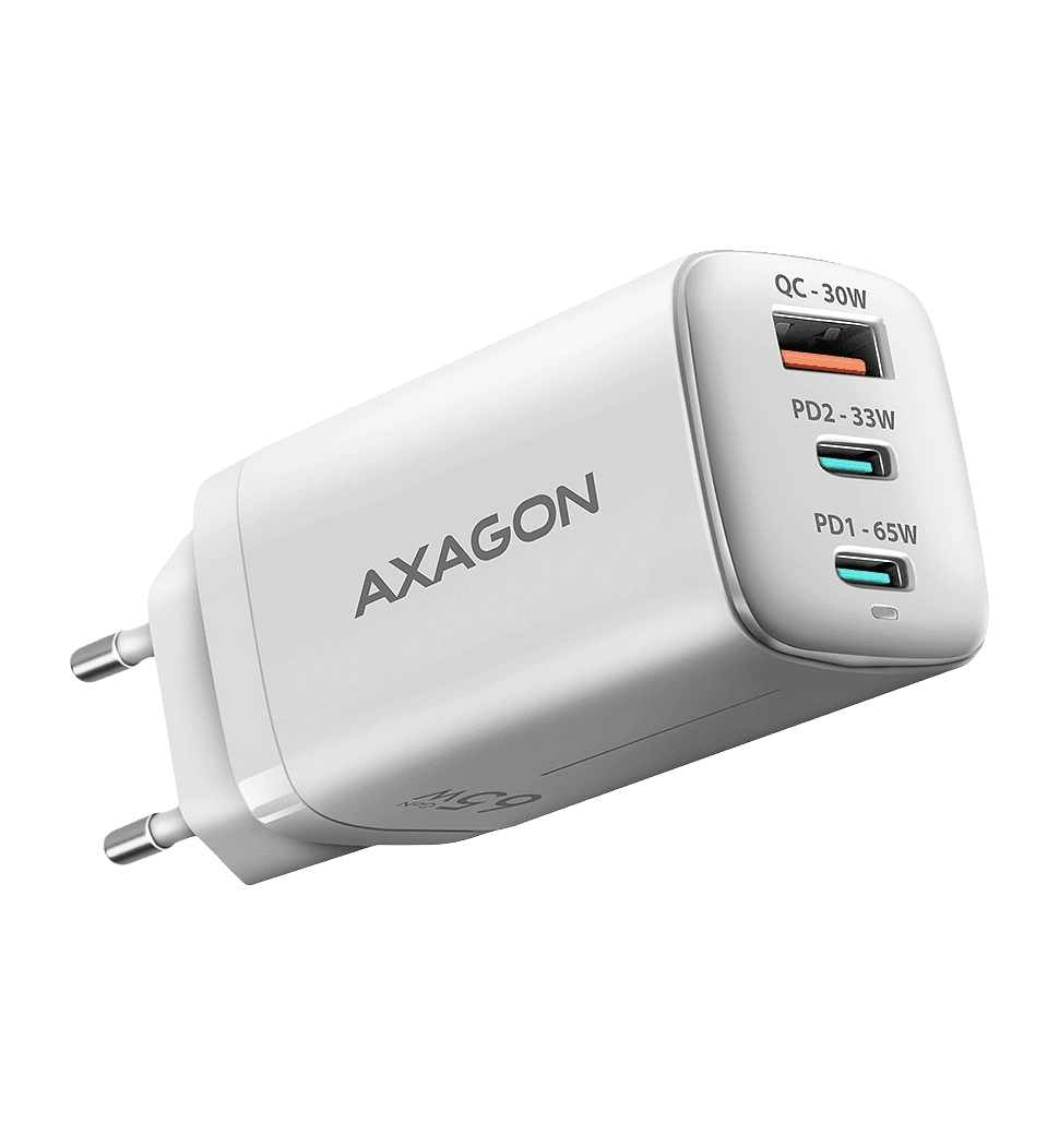 Мережевий зарядний пристрій AXAGON ACU-DPQ65W, 3x port (USB + dual USB-C), PD3.0/QC4+/PPS/Apple, 65W