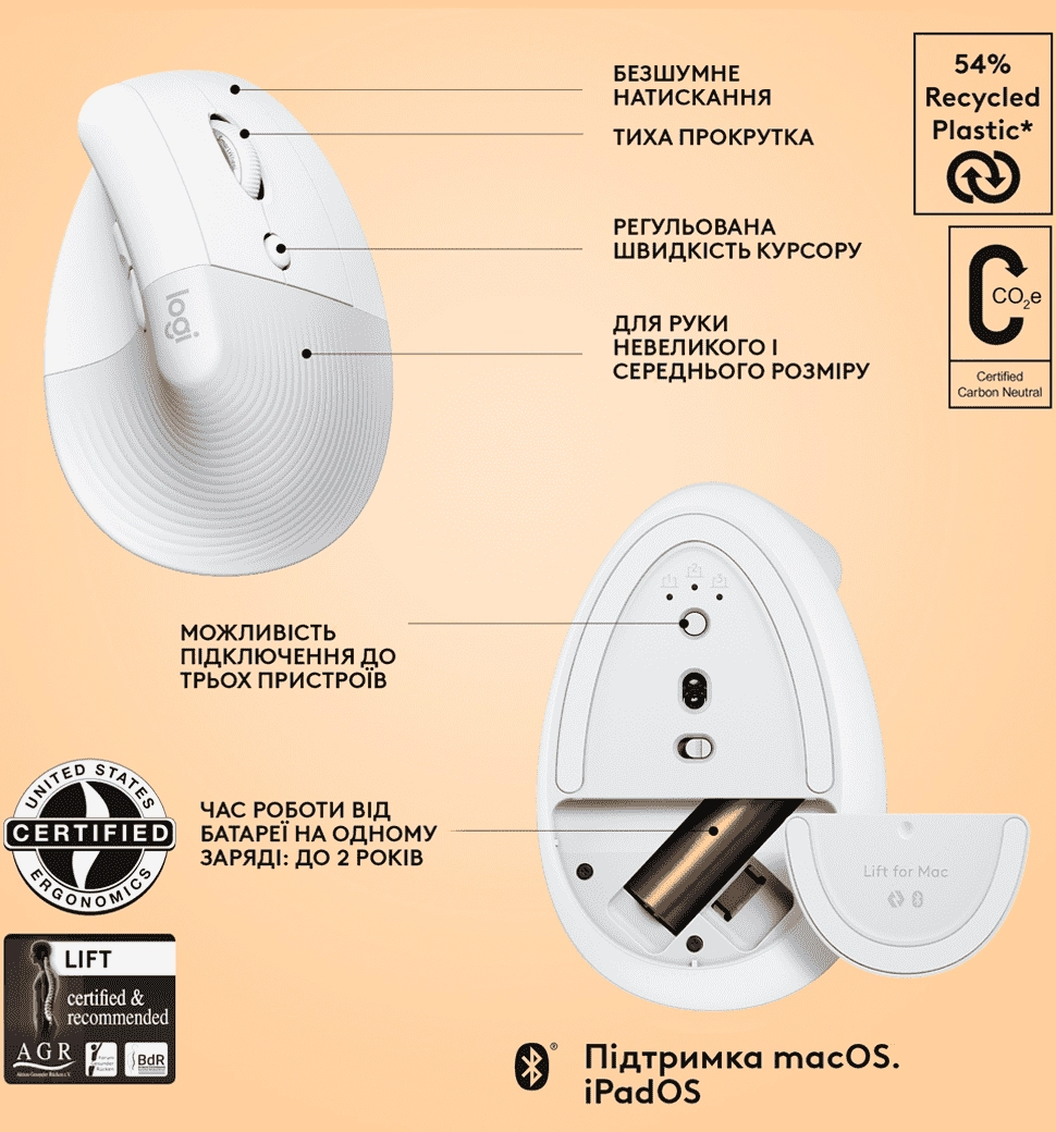 Миша LOGITECH Lift for Mac Vertical Ergonomic, Off-White/Pale Grey (910-006477)
