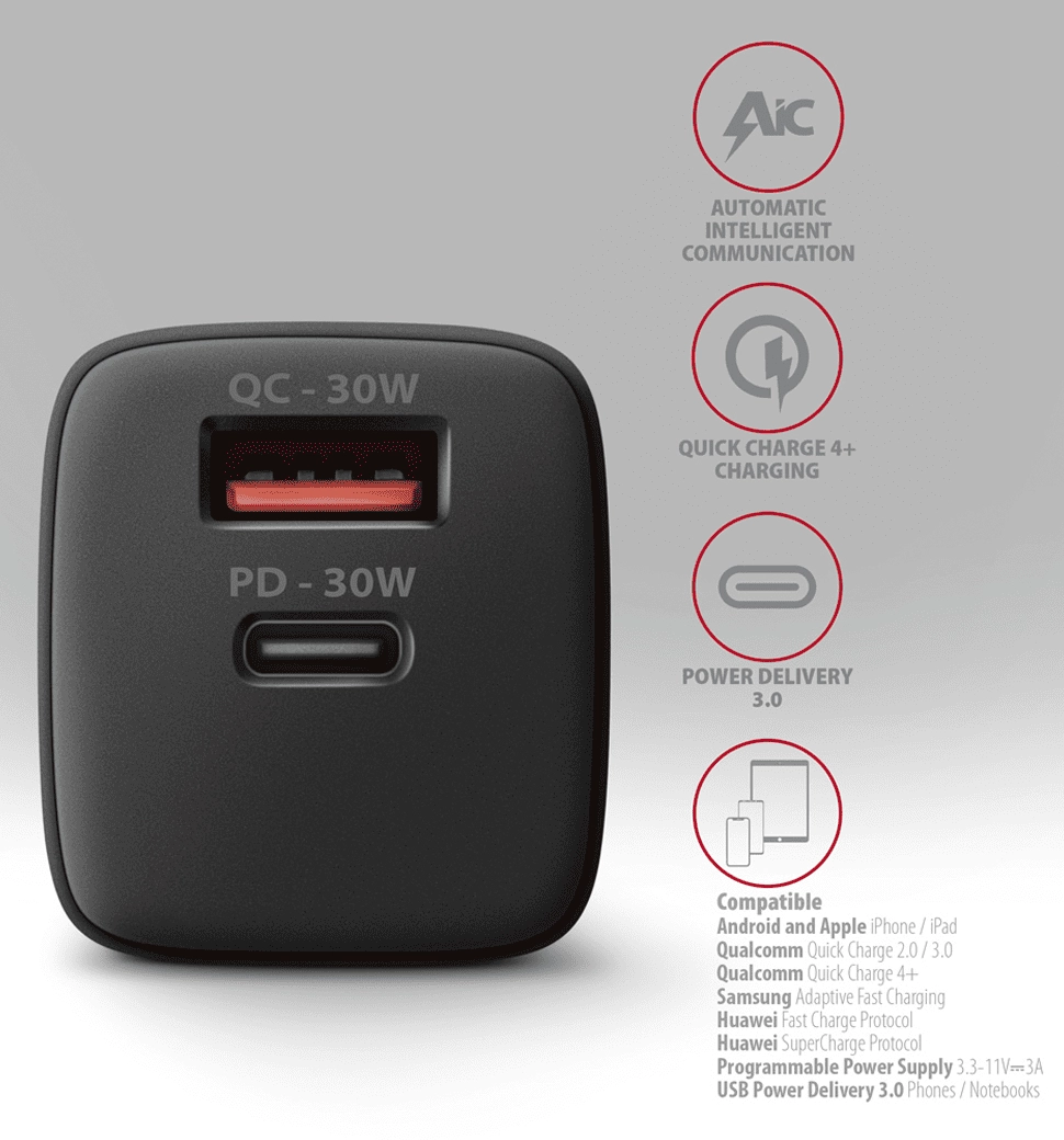 Мережевий зарядний пристрій AXAGON ACU-PQ30, QC3.0,4.0/AFC/FCP/PPS/Apple + PD type-C, 30W, Чорний