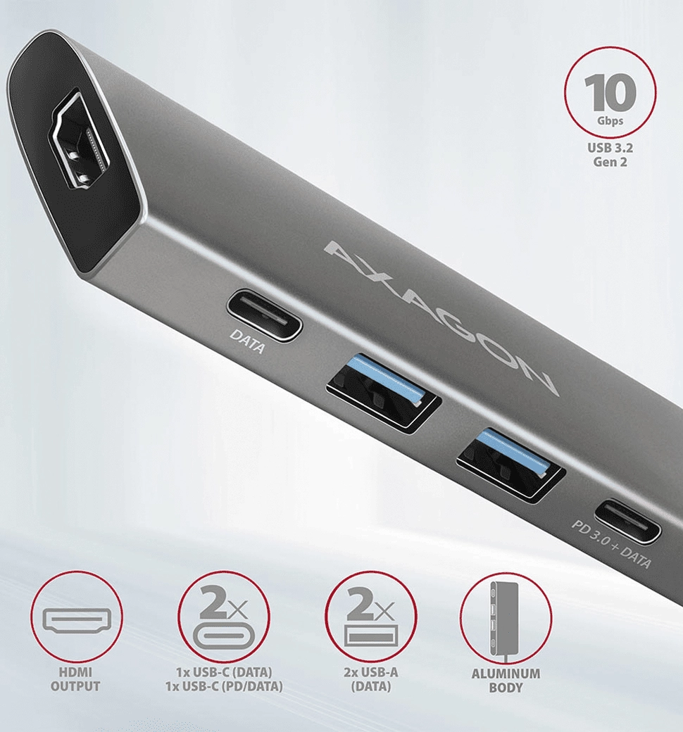 Хаб концентратор AXAGON HMC-5G2 USB-C 10Гбит/с SPEEDSTER 5in1 hub (rev2.0), Серый