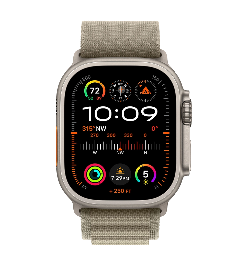 Apple Watch Ultra 2 49mm Natural Titanium Case with Olive Alpine Loop - Medium (MREY3)