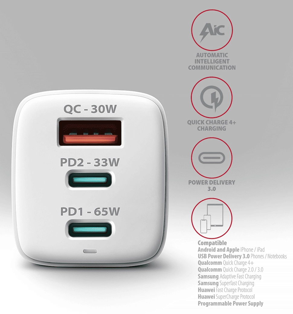 Мережевий зарядний пристрій AXAGON ACU-DPQ65W, 3x port (USB + dual USB-C), PD3.0/QC4+/PPS/Apple, 65W