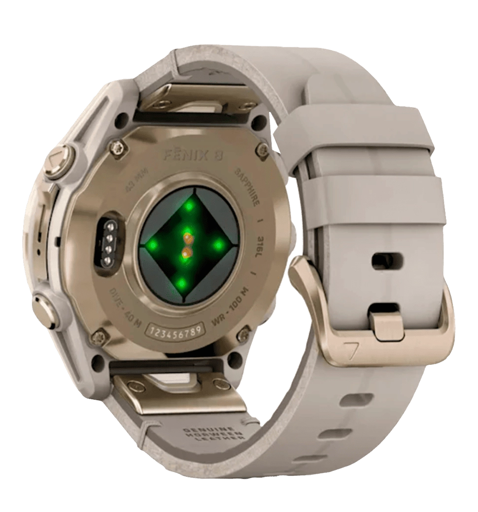 Garmin Fenix 8 43mm, AMOLED, Saph, SftGldSS/FogGryLeatherBnd, Excl, GPS (010-02903-40)