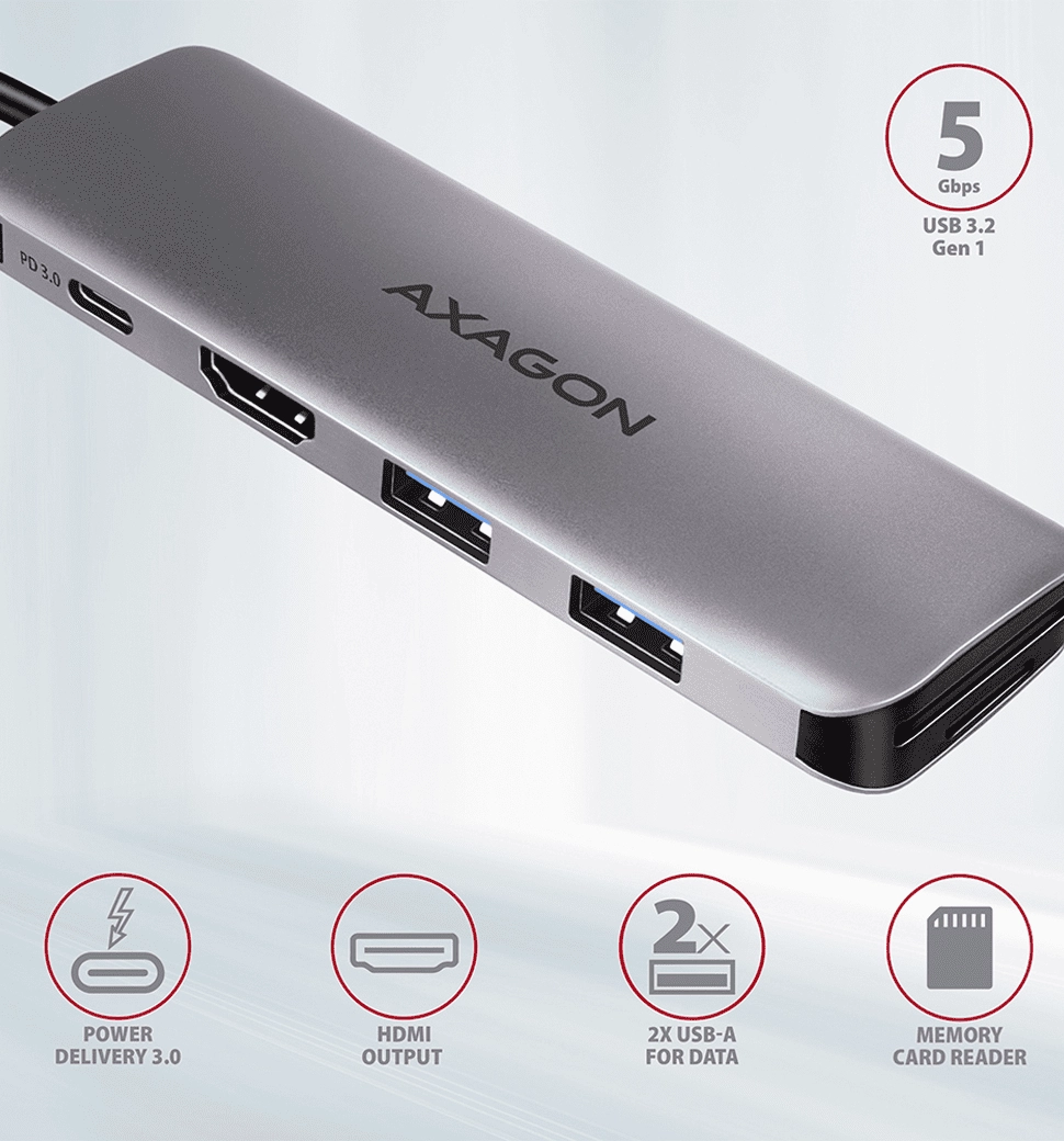 Хаб концентратор AXAGON HMC-5 SuperSpeed USB-C COMBO 5in1 hub, Сірий