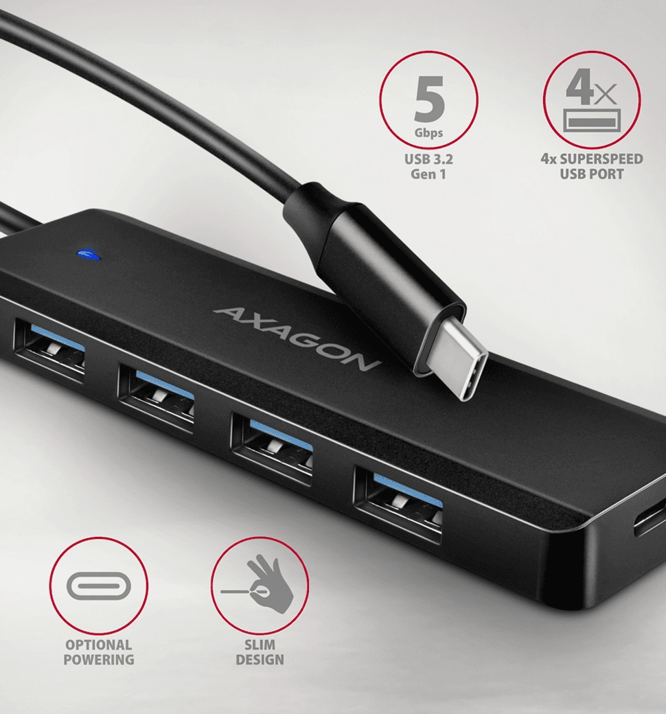 Хаб AXAGON HUE-C1C USB-C 5Гбіт/с TRAVEL hub, 20см Type-C, Чорний