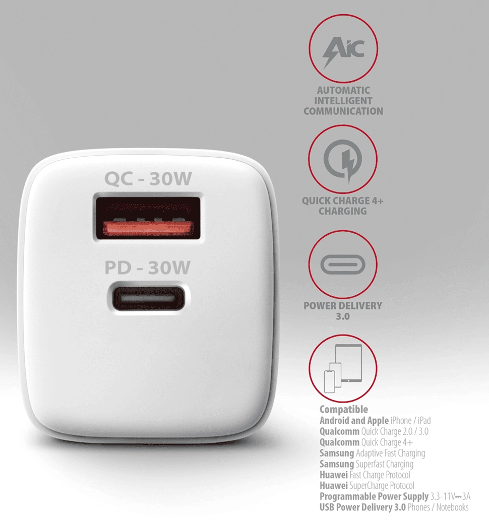 Мережевий зарядний пристрій AXAGON ACU-PQ30W, QC3.0,4.0/AFC/FCP/PPS/Apple + PD type-C, 30W, Білий