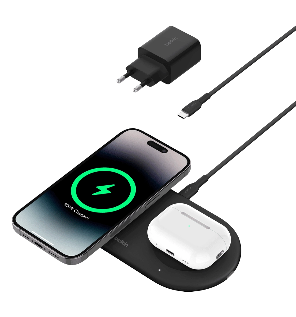 Зарядний пристрій бездротовий Belkin 2в1 15Вт Pad Qi2, чорний