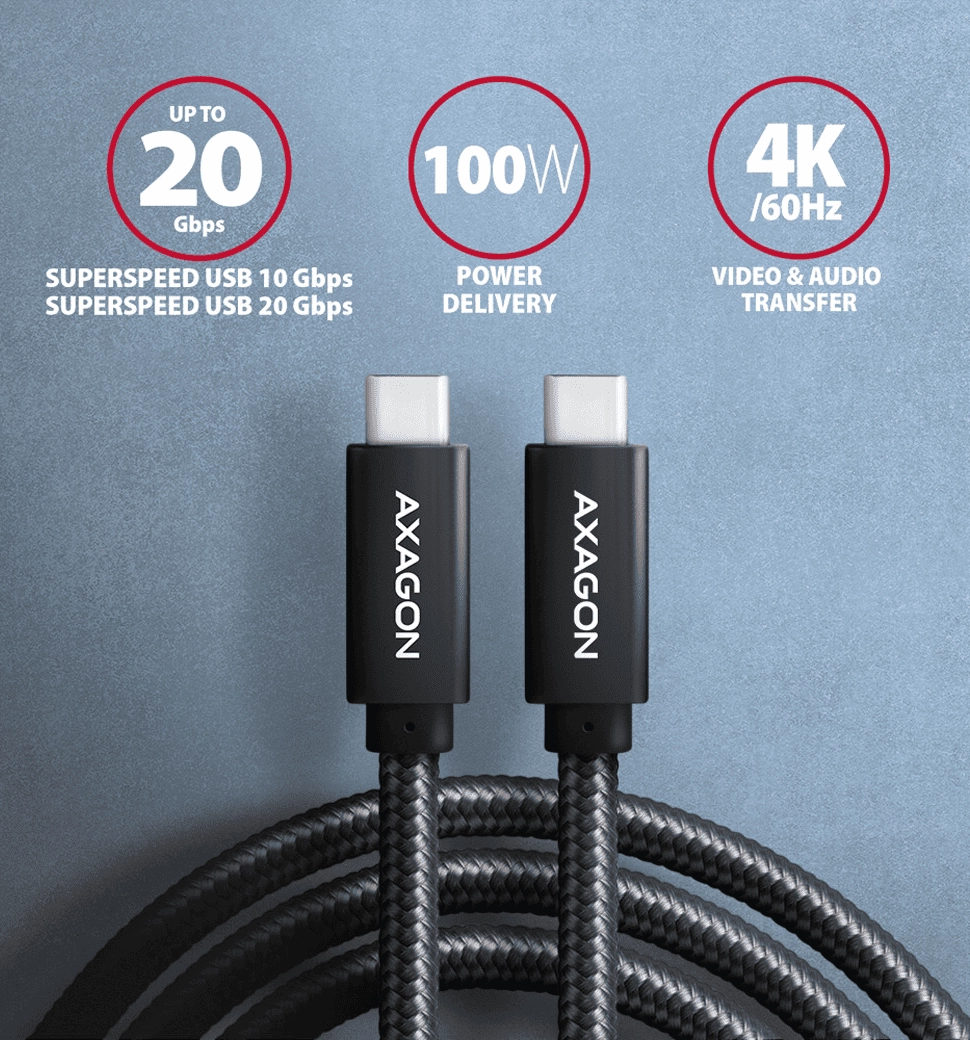 Кабель AXAGON BUCM32-CM10AB USB-C-USB-C 3.2 Gen 2, 1m, PD 100W, 5A, 4K HD,Чорний