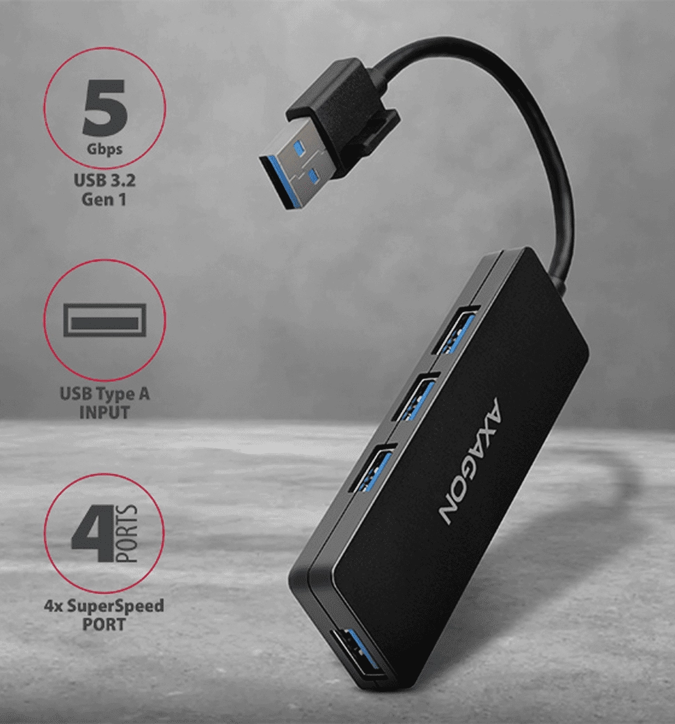 Хаб AXAGON HUE-G1A SuperSpeed USB SLIM hub, кабель 14см Type-A, Чорний