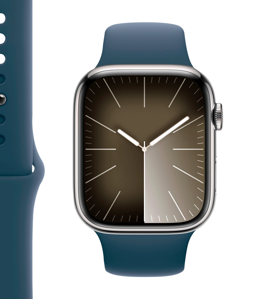 Apple Watch Series 9 45mm GPS + Cellular Silver Stainless Steel Case with Storm Blue Sport Band - M/L (MRMP3)