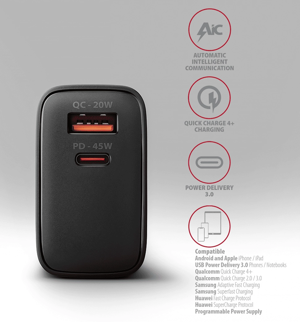 Мережевий зарядний пристрій AXAGON ACU-PQ45, QC3.0,4.0/AFC/FCP/PPS/Apple + PD type-C, 45W, Чорний